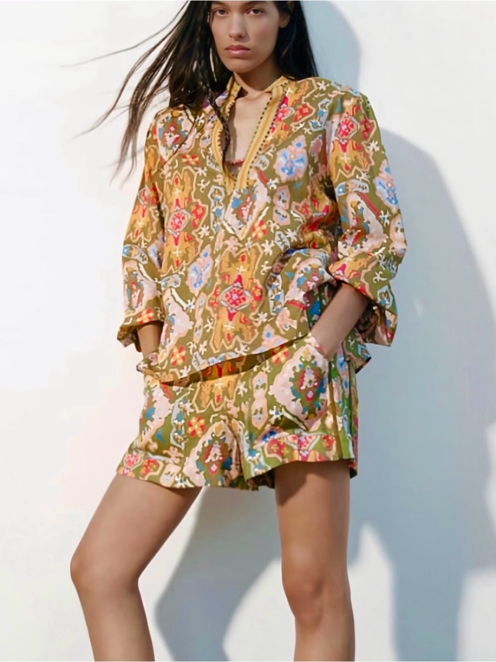 Zara Olive Green Floral Shorts Set with Mustard and Pink Accents